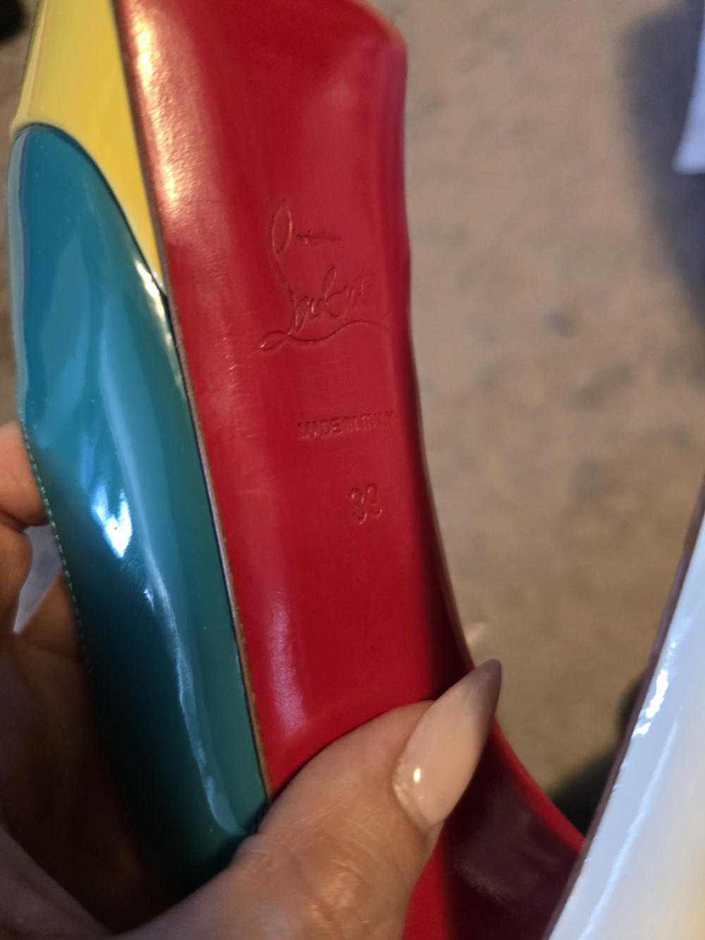 Christian Louboutin Teal and Yellow Patent Peep-Toe Slingback Pumps - Picture 4 of 6